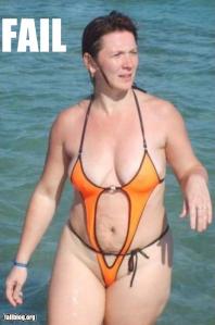 Yes, I think this one can leave room for a wardrobe malfunction in the nether regions. But while donning a conventional bikini would not put her on the cover of Sports Illustrated, it would've been at least a more modest choice.