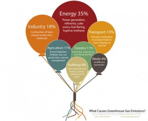 This is an infographic on greenhouse gas emissions that cause climate change, derived from the International Panel on Climate Change's assessment report of 2010. Seems the highest carbon offenders tend to be from energy, industry, and transportation. It's no surprise that executives of American and multinational energy and industry companies tend to be the most vocal deniers of climate change as well as most environmental problems in general.