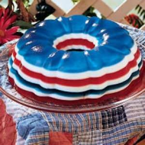 Now this is a bunt jello dessert in red, white, and blue layers. Of course, I seem to have a lot of jello dishes in my post for some reason. Maybe it's because it's summer.