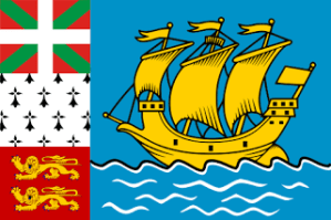 This is a tiny island territory off the coast of Newfoundland. The three  flags on the left are supposed to represent the Basques, Bretons, and Normans. However, the boat seems to be drawn straight from a Saturday morning cartoon. Or an educational cartoon about Christopher Columbus from the 1970s.