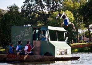 Well, at least he has a life jacket on so I hope he lands in the water. Didn't know they had a Sweet & Low upholstery service.