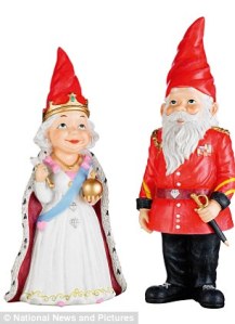 Now that obviously has to be a take off of Queen Elizabeth II and Prince Philip. Of course, the Prince Philip one is depicted in traditional gnome fashion.
