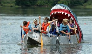 Now I know this is a regatta float with a Jaws theme and I'm sure the shark isn't real. Still, I'm wondering if these kids are going need a bigger boat.