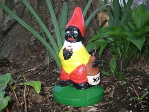 I don't know about you, but I think there's something a bit racist about this gnome. I'm not sure what. Could it be because it looks painted in blackface and is drinking booze? Yeah, that's probably it.