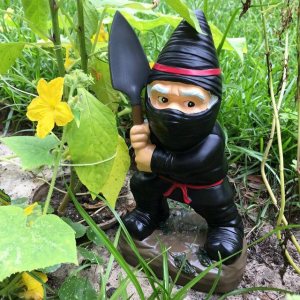 Actually most ninjas didn't wear black in real life since they functioned like covert agents and snipers. They usually dressed as peasants so the invisibility was psychological. However, this garden gnome ninja is just perfect.