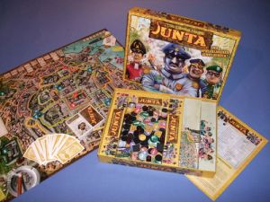In this game, players represent officers in a junta where they choose El Presidente who rewards them with offices and money. Involves lying, exile, backstabbing, assassination, and other dirty stuff. Certainly not recommended for families of any kind.