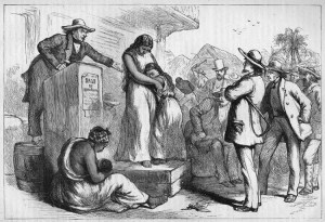 While the Confederate Flag is a symbol of Southern heritage, it's one that embodies some of the worst aspects in the history of the American South. Basically it represents a region that split with the country in the name of preserving and expanding an institution where blacks were coerced into a lifetime of involuntary servitude with no rights or compensation. Here is an engraving of a slave auction in Virginia where this mother and daughter are unlikely to see each other again.