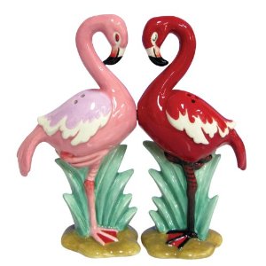 Now I guess the pink flamingo is the salt and the red one's the pepper. Nevertheless, they're about as tacky as the lawn ornaments they imitate.