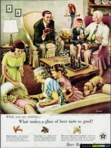 And the only living thing who doesn't have a glass of beer in this picture is the newborn baby in the cradle. Even the pets and children are drinking in this. And I'm sure the kiddies aren't even legal. But none of the adults seem to feel any qualms about underage drinking in this. Yeah, really wouldn't fly in the US today.