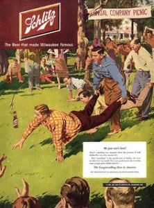 Guess this was a way for a guy's work buddies to tell him that he might need to do a twelve step program. Seriously, none of the other guys in this race are luring their partners with beer bottles. So why did the ad people think it was a good idea?