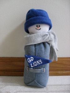 I think they have snowmen like this for all the teams. But unlike the other snowman, this one is fully clothed and sewn with denim.
