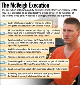 Now this Timothy McVeigh graphic was taken from a satirical newspaper called The Onion. But it demonstrates how guys like the Oklahoma City bomber got tons of publicity in the days leading up to his execution. Now McVeigh was a terrorist who killed about 168 people and injured over 680. Had this guy gotten life in prison, we would've not heard about him again until his death in obscurity from natural causes. He didn't deserve the publicity or have his execution be front page news.