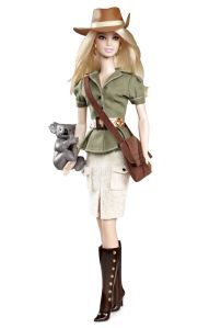 The only way you can tell she's Australian is that she has a koala wrapped around her arm. Other than that, she can pass for either Indiana Jones Adventure Barbie or High Fashion Texas Cowgirl Barbie.