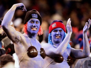 Now I'm sure they're wearing those to cover their man boobs. But I'm not positive. Still, the blue paint doesn't seem to do any favors.