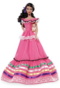 Now Mexican Barbie is clad in a pink dress striped with lace and ribbons. Of course, I wonder if there's a Mexican Ken as well. Then again, he might be dressed as a more stereotypical bandito.