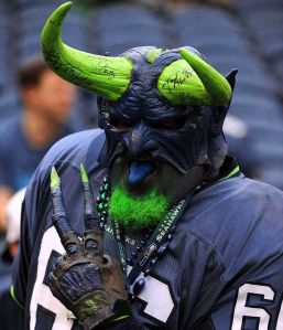 Yes, he may be an evil blue monster with green horns. But when the Seahawks are in town, he still feels the need to turn up to show his support.
