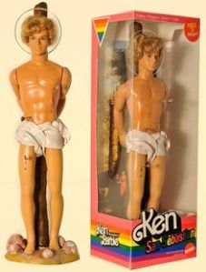 Now depicting Saint Sebastian as a Ken Doll seems pretty disrespectful. Also tends to bear some resemblance to Justin Bieber which doesn't help at all. And he seems to be smiling, too.