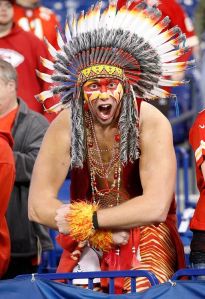 Look, I admire this guy's team spirit but I'm not sure that dressing up in Indian attire is a good way to show love for his team. Now I know naming your team the Chiefs isn't as bad as the Redskins, but still. Kind of racist and offensive.