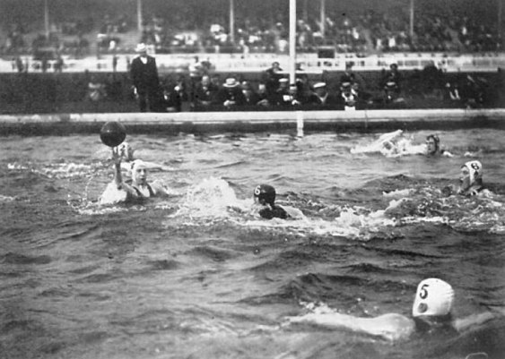 Water polo is often played in pools everywhere in the western world. However, early water polo was more like water football in which  players would try to carry a small ball to the pool edge. It was often said to erupt in fights with at least one player floating unconscious by the end of the game.