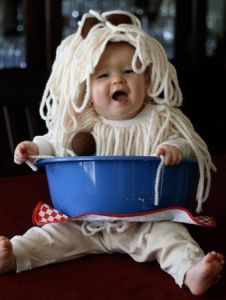 Hey, at least it's better than the baby having spaghetti and meatballs all over them. Still, so cute.