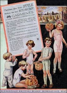 Now I know people had more kids than usual in those days. However, this fact doesn't make an ad featuring a bunch of them in their underwear any less awkward. Also, I think the little girl in white might have murder on the mind. She seems to have no soul.