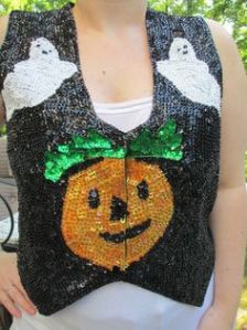 Okay, I'm not sure what to think about sequins in craft projects and decorations. However, this looks like the kind of Halloween vest you'd wear to a disco.
