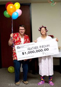 Look about as what you'd expect from stereotypical winners of Publishers Clearinghouse sweepstakes. He's in a tacky Hawaiian shirt and she's in her nightgown and curlers.