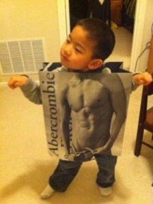 I am no fan of Abercrombie & Fitch. However, I have to admire this boy's parents' creativity with making a costume from a paper bag.