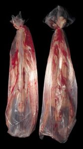 My mistake, these are Halloween decorations. But you have to admit despite how disgusting it looks, the bloody corpse in body bags has to be quite clever.