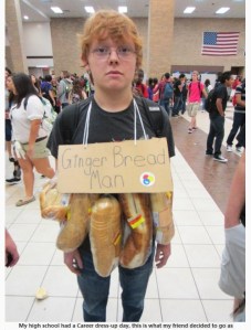 The guy has bread hanging from him. And he's a ginger. Get it? Seriously, it's pretty funny.