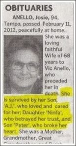 She may have been a loving wife and mother. But her kids never seemed to get along with each other. According to her obituary, that is.