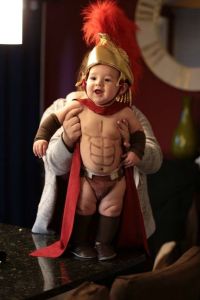 Inspired by the movie 300, no doubt. Seriously, Spartan warriors didn't go into battle wearing speedos for God's sake. Still, cutest little Spartan warrior I've ever seen. Sorry, Gerard Butler.
