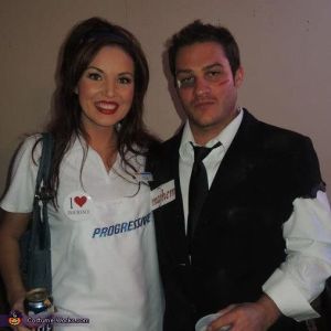 Seems like Flo let Mayhem happen to her. Then again, at least she has Progressive insurance. Hell, she's the Progressive lady. And Mayhem works for Allstate. Before that he was Liz Lemon's jerkass boyfriend Dennis Duffy on 30 Rock who appeared on Dateline's To Catch a Predator.