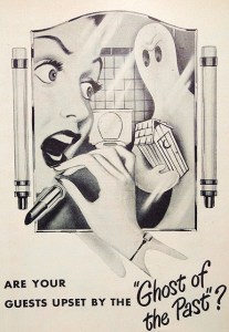 Of course, if you were that woman, you'd freak out, too, if you looked in the mirror and saw a ghost with an outhouse. In fact, anyone would. Except maybe old people who might musingly think of their childhoods.