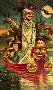 "C'mon, kid's the night's not going to last for ever. Row faster. Row faster." Man, that pumpkin head is terrifying.