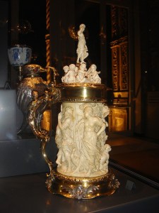 Yes, this is an old beer stein. Unfortunately, for anyone who wants one like this, I'm afraid it's not for sale. And to quote the world's worst archaeologist, "It belongs in a museum."