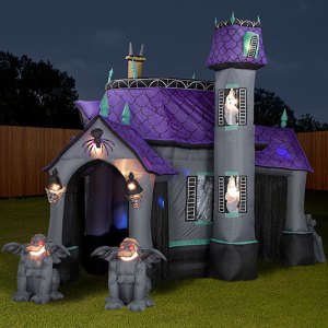 I think it might just be easier and cheaper to make the front of your house look haunted. Inflatables can be quite a headache. Still, it does kind of look like a haunted Victorian mansion.
