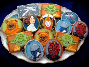 Now these cookies look professionally made. Yet, the consist of Yoda, an X-Wing, Padme Amidala, Darth Maul, Boba Fett, lightsaber duel at Cloud City, and Princess Leia.