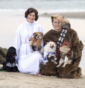 Let's see the humans are Chewbacca and Princess Leia. The dogs are Darth Vader, an Ewok, R2-D2, and possibly Obi Wan Kenobi.