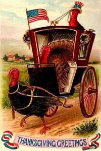 Okay, now this has a turkey pulling a hansom cab, driven by another turkey and transporting another turkey. Does anyone see anything freaky about this?