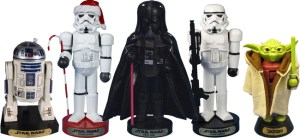 Now these consist of Darth Vader, R2-D2, Yoda, regular Stormtrooper, and Christmas Stormtrooper. Christmas Stormtrooper is wearing a Santa hat and carries a candy cane.