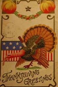 Now this is just messed up. Seriously, why stick a knife and pronged fork into a living turkey? That's just sick.