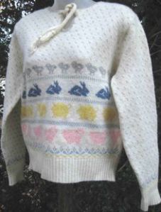 I guess the chicks are silver, the bunnies are purple, the pigs are yellow, and the lambs are pink. Still, not sure if it's the kind of ugly Easter sweater I'd wear.