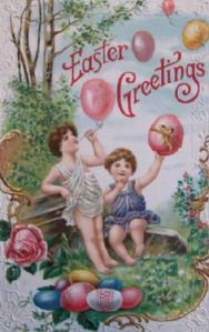 Now this seems like some card designer had spent too much time on the brown acid. Also, doesn't help that these are kids and one of the eggs has a bow.