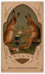 I'm sure the artist's intention was of bunnies dying eggs. But looking at this, I can't tell whether they're dying eggs or cooking them.
