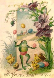 So this frog is juggling Easter eggs. And these chicks are eagerly watching him. Does anyone see how fucked up this is? Seriously, why?