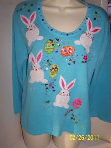 Yes, this one has eggs and bunnies on it. And yes, sequins can be tacky. So this one goes on the post.