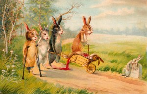 Okay, why the hell did anyone think traumatizing children on Easter was a good idea? For God's sake these bunnies are injured and one is lying bleeding in a wheelbarrow, possibly dead. This is the most fucked up Easter card I've ever seen in my life.