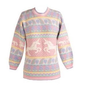 Not sure if unicorns are Easter creatures. But this unique sweater does appear in the Easter spirit.
