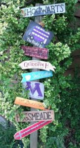 Signs consist of Hogwarts, Knight Bus, Quiddich, Diagon Alley, Ministry of Magic, Shell Cottage, the Burrow, Hogsmeade, and Godric's Hollow. Love the colors on these, too.